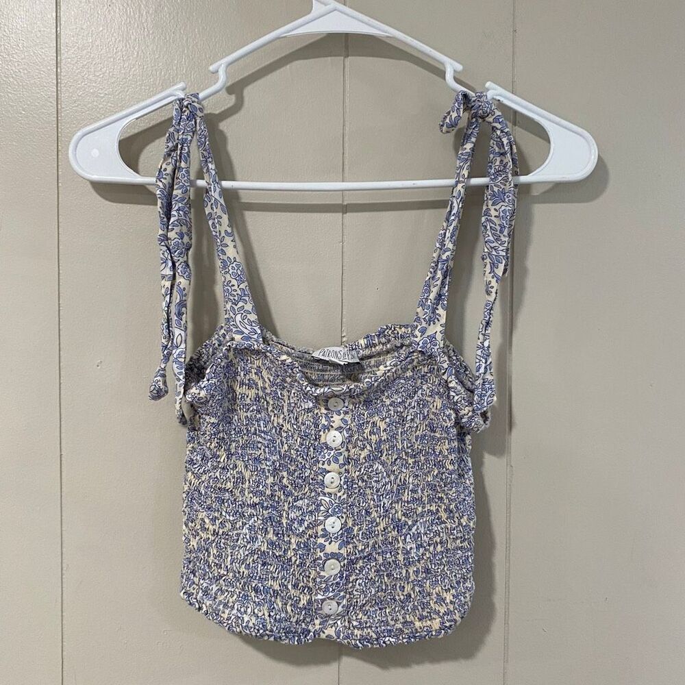 Patrons of peace Blue Floral Smocked Button Front Crop Tank Top Women’s Small
